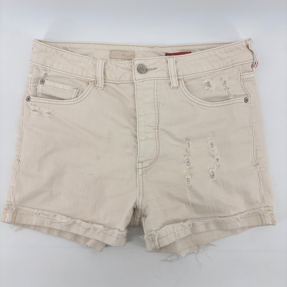 Pilcro Denim Shorts Womens 29 Cream Distressed High Rise Frayed Hem Boho Summer